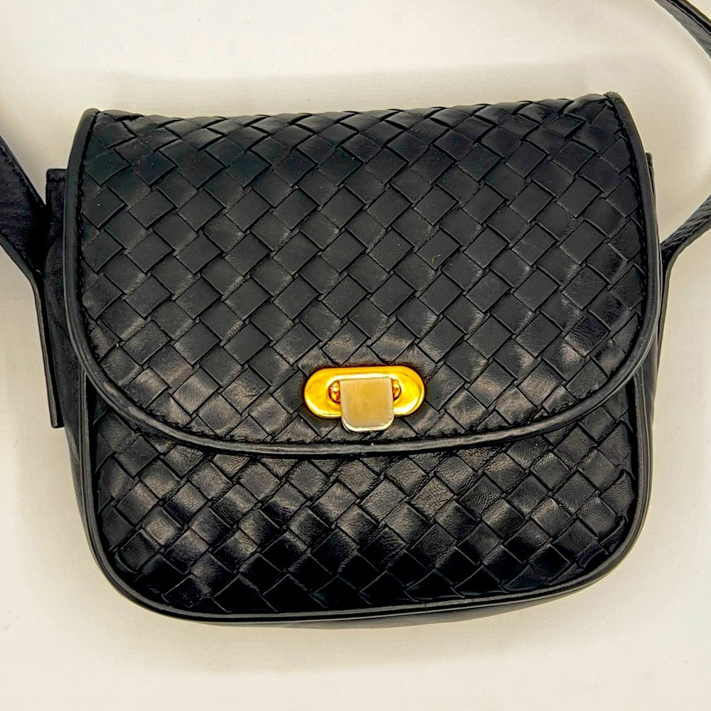 COLE HAAN Black Woven Small Leather Crossbody Purse Bag